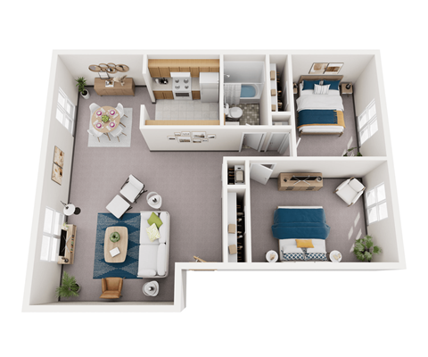 A top-down view of a small apartment with a kitchen, living room, and bedroom.